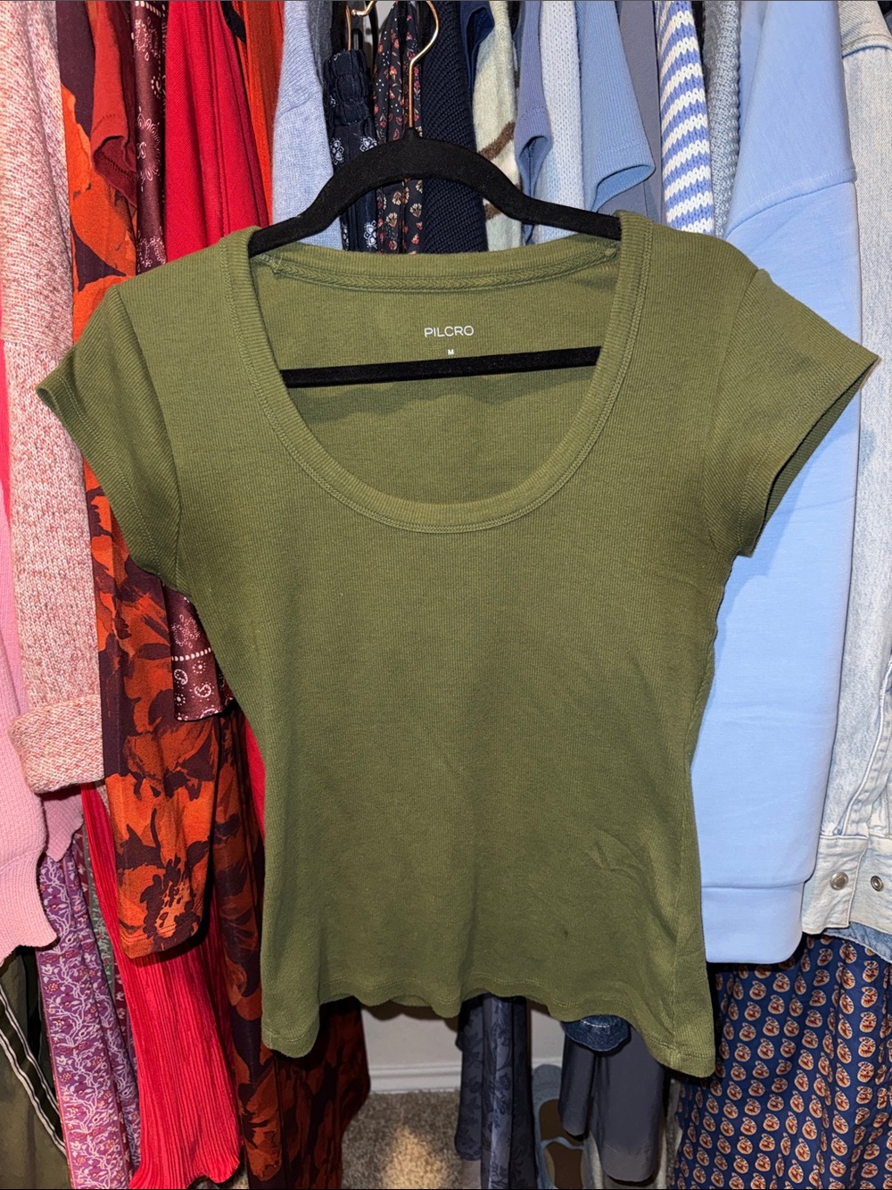 Pilcro Olive Green Scoop Neck Cap Sleeve Tee